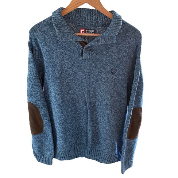Chaps Blue Mens Cotton Pullover Sweater L Elbow Patch Preppy Classic Y2K Casual - Picture 1 of 7